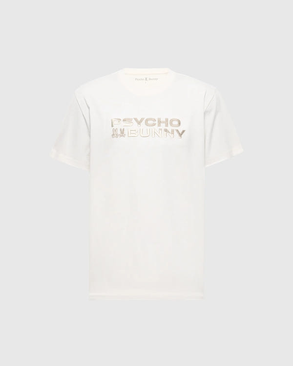 The Men's Berni Embroidered Wordmark Graphic Tee by Psycho Bunny features "PSYCHO BUNNY" in metallic lettering on the front, an embroidered logo on the sleeve, all on a plain backdrop.
