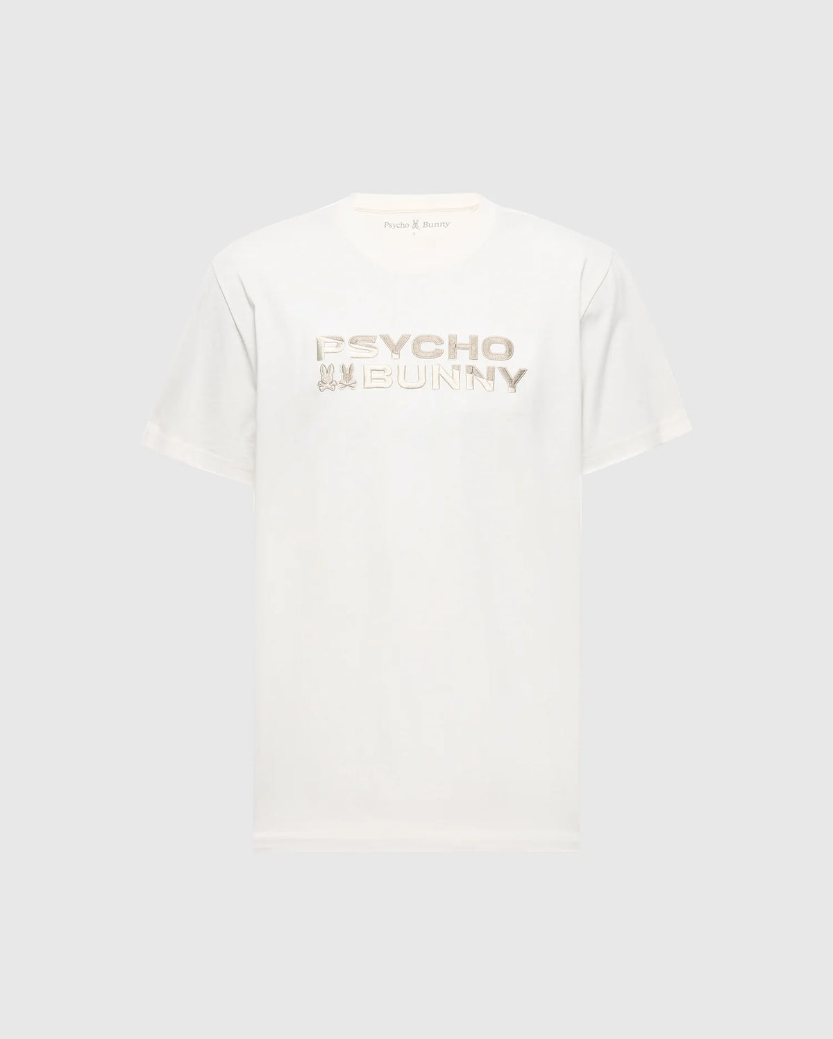 The Men's Berni Embroidered Wordmark Graphic Tee by Psycho Bunny features "PSYCHO BUNNY" in metallic lettering on the front, an embroidered logo on the sleeve, all on a plain backdrop.
