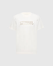 The Men's Berni Embroidered Wordmark Graphic Tee by Psycho Bunny features "PSYCHO BUNNY" in metallic lettering on the front, an embroidered logo on the sleeve, all on a plain backdrop.
