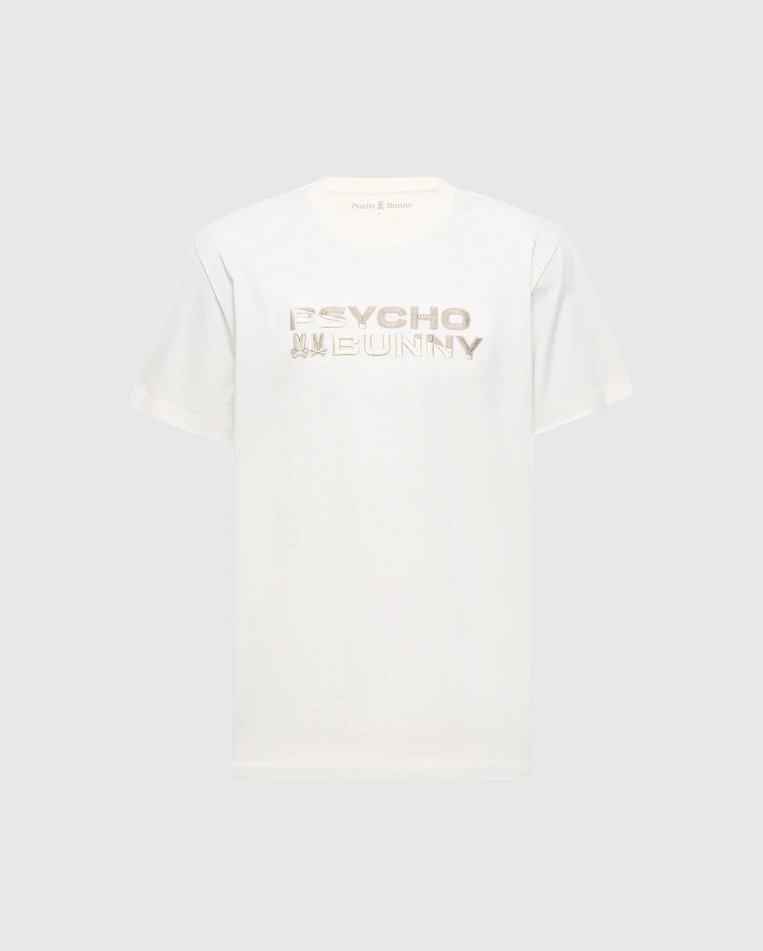 The Men's Berni Embroidered Wordmark Graphic Tee by Psycho Bunny features "PSYCHO BUNNY" in metallic lettering on the front, an embroidered logo on the sleeve, all on a plain backdrop.