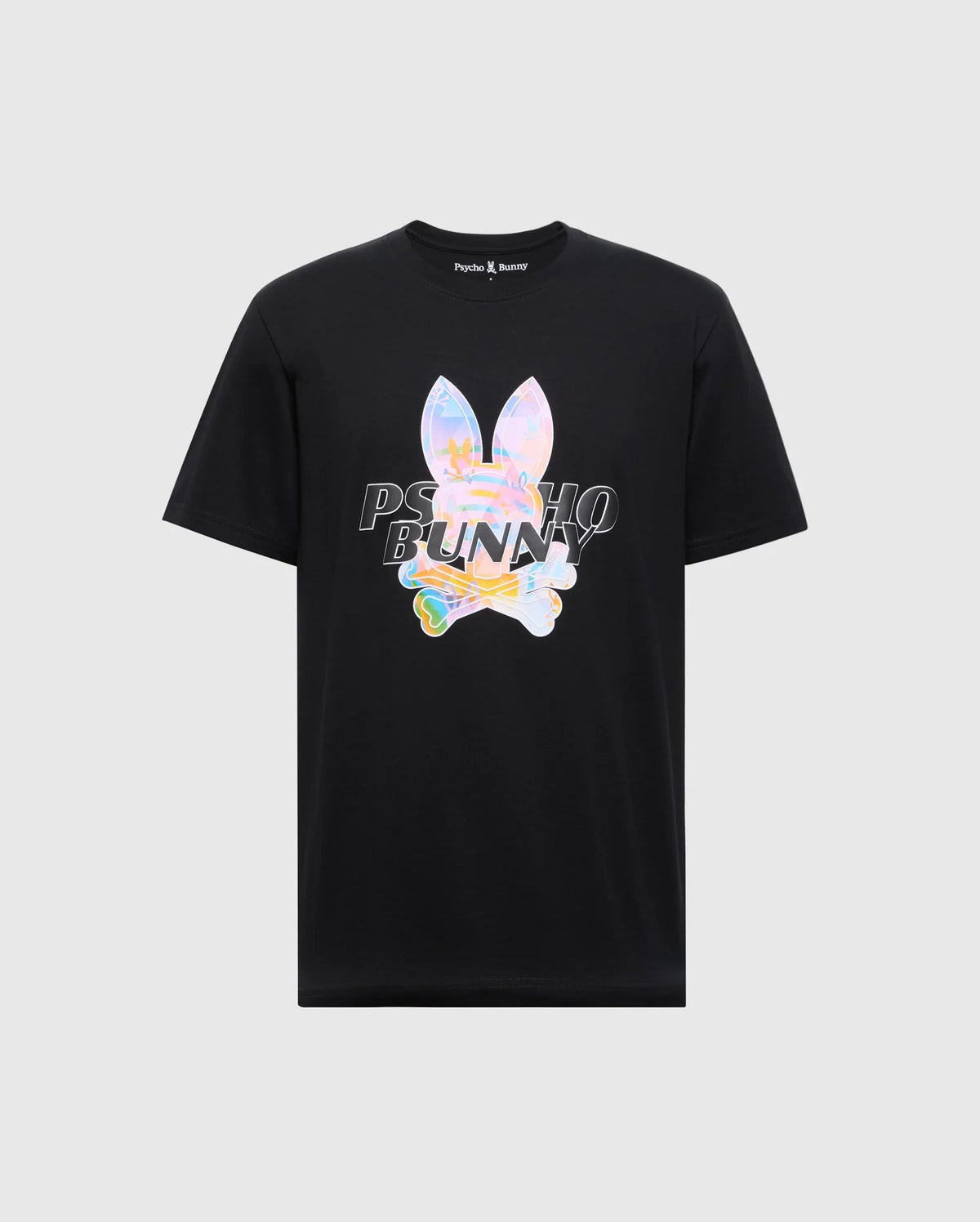 The MENS MILOS GRAPHIC TEE - B6U456F200 by Psycho Bunny is a black T-shirt made from soft Peruvian Pima cotton, showcasing a space-age graphic with a holographic bunny skull and crossbones design.