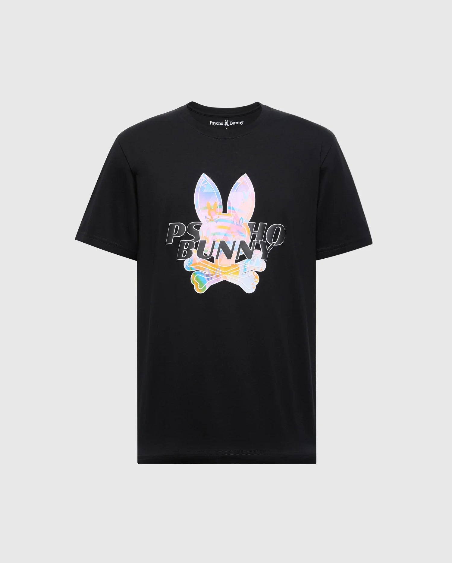The MENS MILOS GRAPHIC TEE - B6U456F200 by Psycho Bunny is a black T-shirt made from soft Peruvian Pima cotton, showcasing a space-age graphic with a holographic bunny skull and crossbones design.