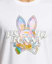 The MENS MILOS GRAPHIC TEE (B6U456F200) by Psycho Bunny is a white t-shirt made from soft Peruvian Pima cotton, showcasing a vibrant space-age bunny graphic of an abstract rabbit head on crossed bones with "PSYCHO BUNNY" text.