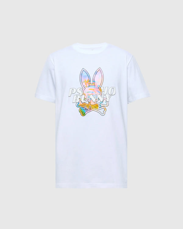 The MENS MILOS GRAPHIC TEE - B6U456F200 by Psycho Bunny is a white T-shirt crafted from luxurious Peruvian Pima cotton, showcasing a vibrant graphic of a stylized bunny with crossed bones in blue, pink, yellow, and green against subtle "PSYCHO BUNNY" text for a space-age look.