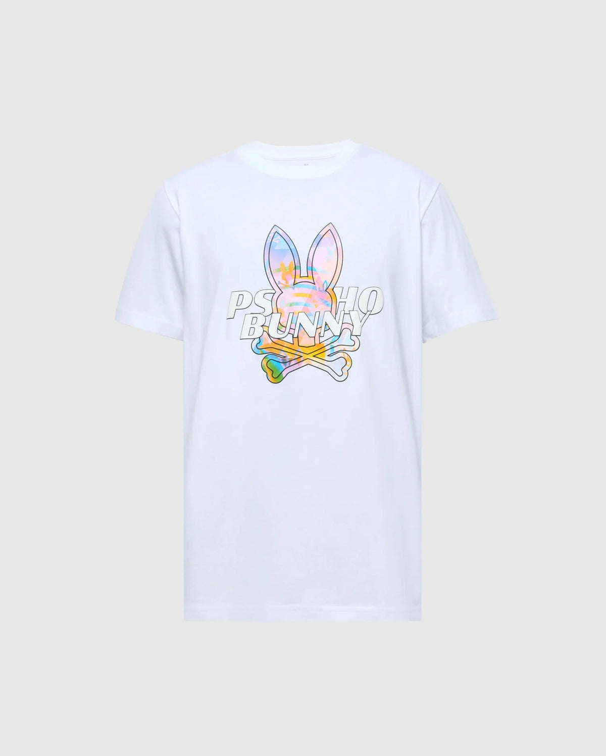 The MENS MILOS GRAPHIC TEE - B6U456F200 by Psycho Bunny is a white T-shirt crafted from luxurious Peruvian Pima cotton, showcasing a vibrant graphic of a stylized bunny with crossed bones in blue, pink, yellow, and green against subtle "PSYCHO BUNNY" text for a space-age look.