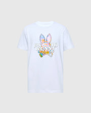 The MENS MILOS GRAPHIC TEE - B6U456F200 by Psycho Bunny is a white T-shirt crafted from luxurious Peruvian Pima cotton, showcasing a vibrant graphic of a stylized bunny with crossed bones in blue, pink, yellow, and green against subtle "PSYCHO BUNNY" text for a space-age look.
