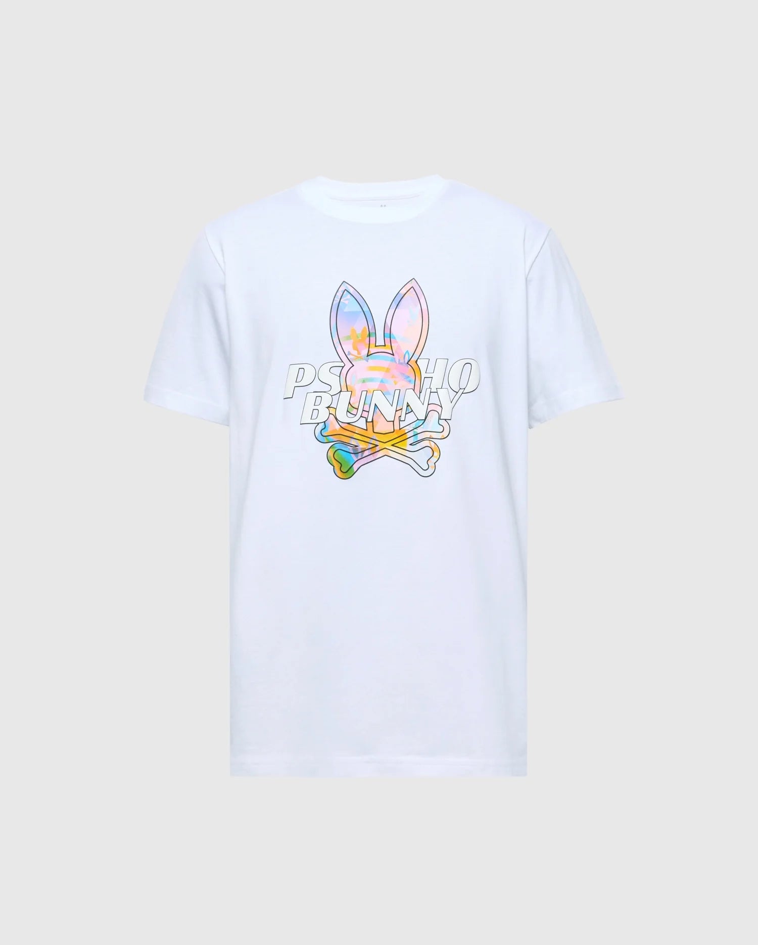 The MENS MILOS GRAPHIC TEE - B6U456F200 by Psycho Bunny is a white T-shirt crafted from luxurious Peruvian Pima cotton, showcasing a vibrant graphic of a stylized bunny with crossed bones in blue, pink, yellow, and green against subtle "PSYCHO BUNNY" text for a space-age look.