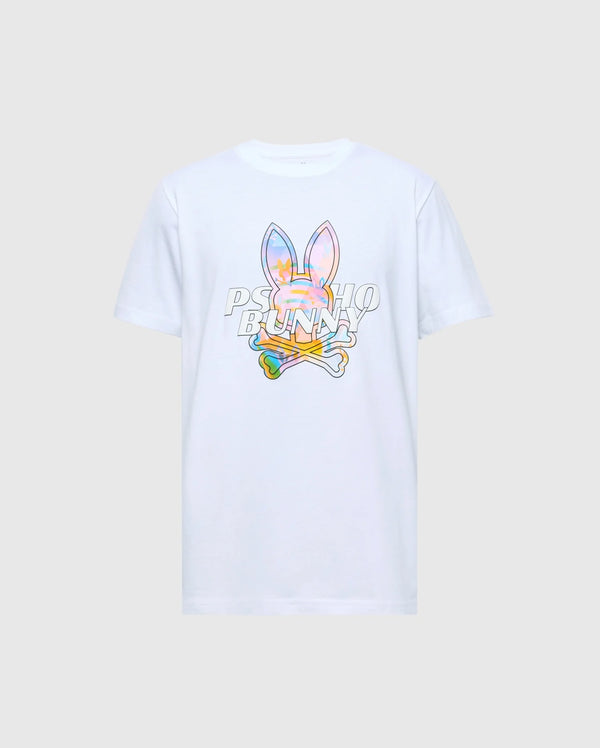 The MENS MILOS GRAPHIC TEE - B6U456F200 by Psycho Bunny is a white T-shirt crafted from luxurious Peruvian Pima cotton, showcasing a vibrant graphic of a stylized bunny with crossed bones in blue, pink, yellow, and green against subtle "PSYCHO BUNNY" text for a space-age look.