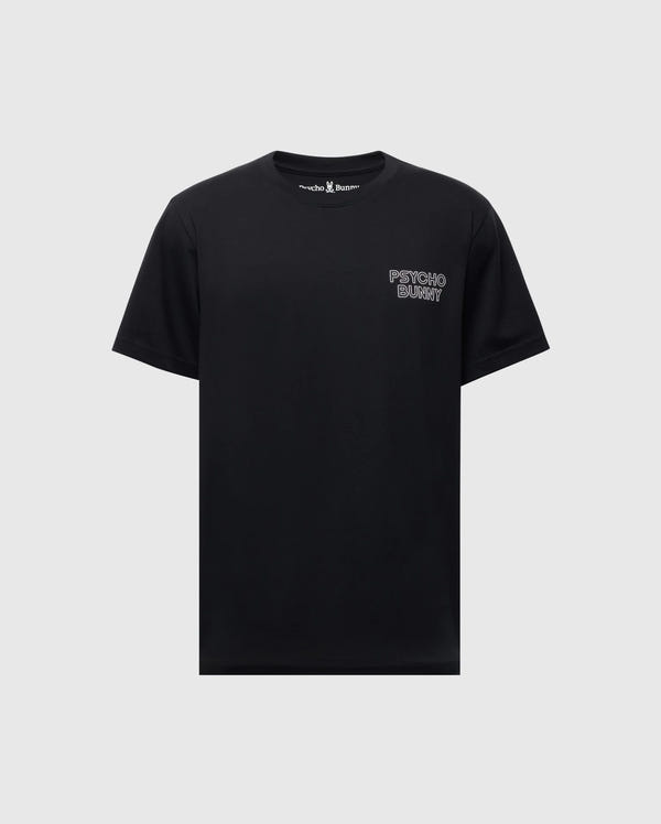 The Psycho Bunny Men's Sydney Back Graphic Tee (B6U509F200) is a black T-shirt made from soft Pima cotton, featuring a white water-based "Psycho Bunny" logo print on the upper left chest with a regular fit for comfort.