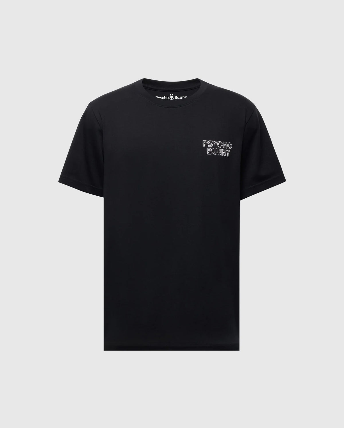 The Psycho Bunny Men's Sydney Back Graphic Tee (B6U509F200) is a black T-shirt made from soft Pima cotton, featuring a white water-based "Psycho Bunny" logo print on the upper left chest with a regular fit for comfort.