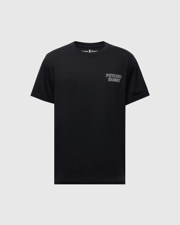 The Psycho Bunny Men's Sydney Back Graphic Tee (B6U509F200) is a black T-shirt made from soft Pima cotton, featuring a white water-based "Psycho Bunny" logo print on the upper left chest with a regular fit for comfort.