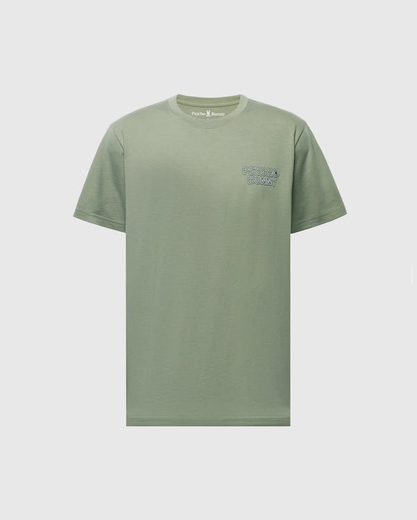 The MENS SYDNEY BACK GRAPHIC TEE from Psycho Bunny is a light green Pima cotton T-shirt with a small bunny motif logo on the left chest and a classic crewneck, all set against a plain background.