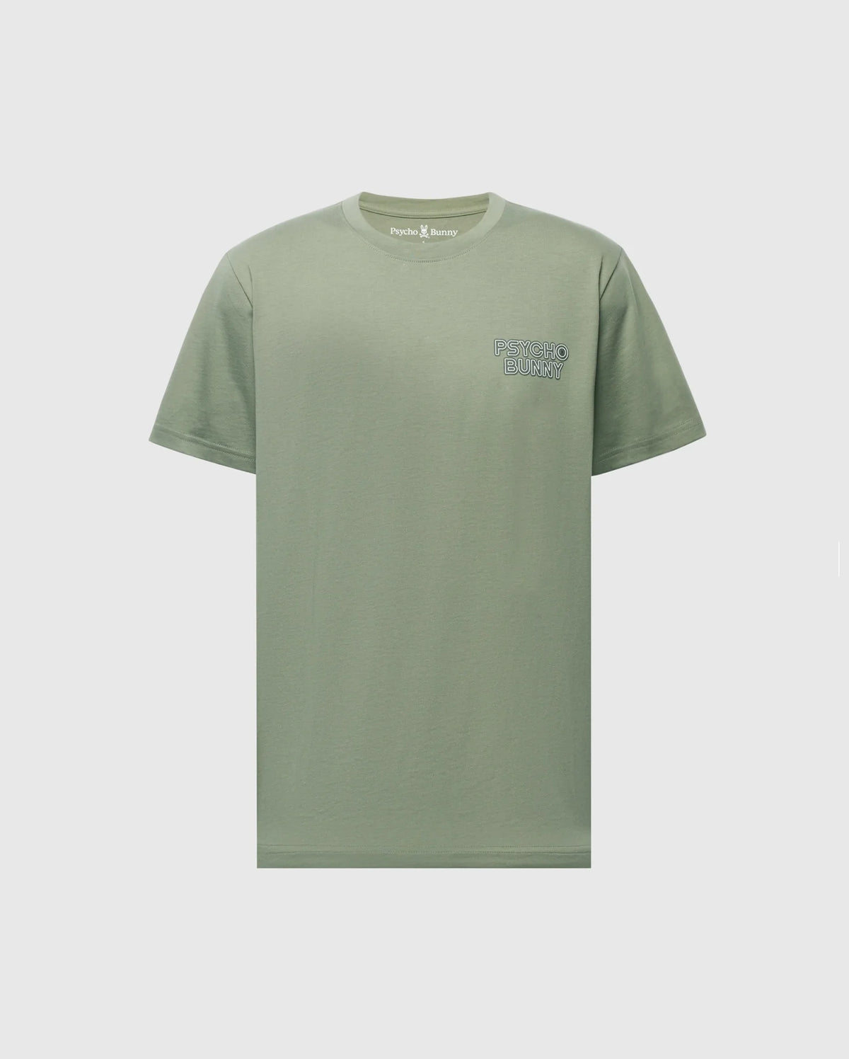 The MENS SYDNEY BACK GRAPHIC TEE from Psycho Bunny is a light green Pima cotton T-shirt with a small bunny motif logo on the left chest and a classic crewneck, all set against a plain background.