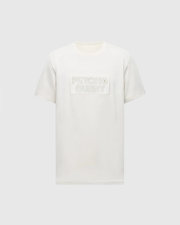 The MENS SYDNEY WORDMARK GRAPHIC TEE - B6U510F200 by Psycho Bunny is a plain white Pima cotton shirt with "Psycho Bunny" embossed on the chest. It features Peruvian craftsmanship, a classic round neckline, and short sleeves, set against a light grey background.