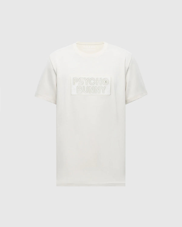 The MENS SYDNEY WORDMARK GRAPHIC TEE - B6U510F200 by Psycho Bunny is a plain white Pima cotton shirt with "Psycho Bunny" embossed on the chest. It features Peruvian craftsmanship, a classic round neckline, and short sleeves, set against a light grey background.