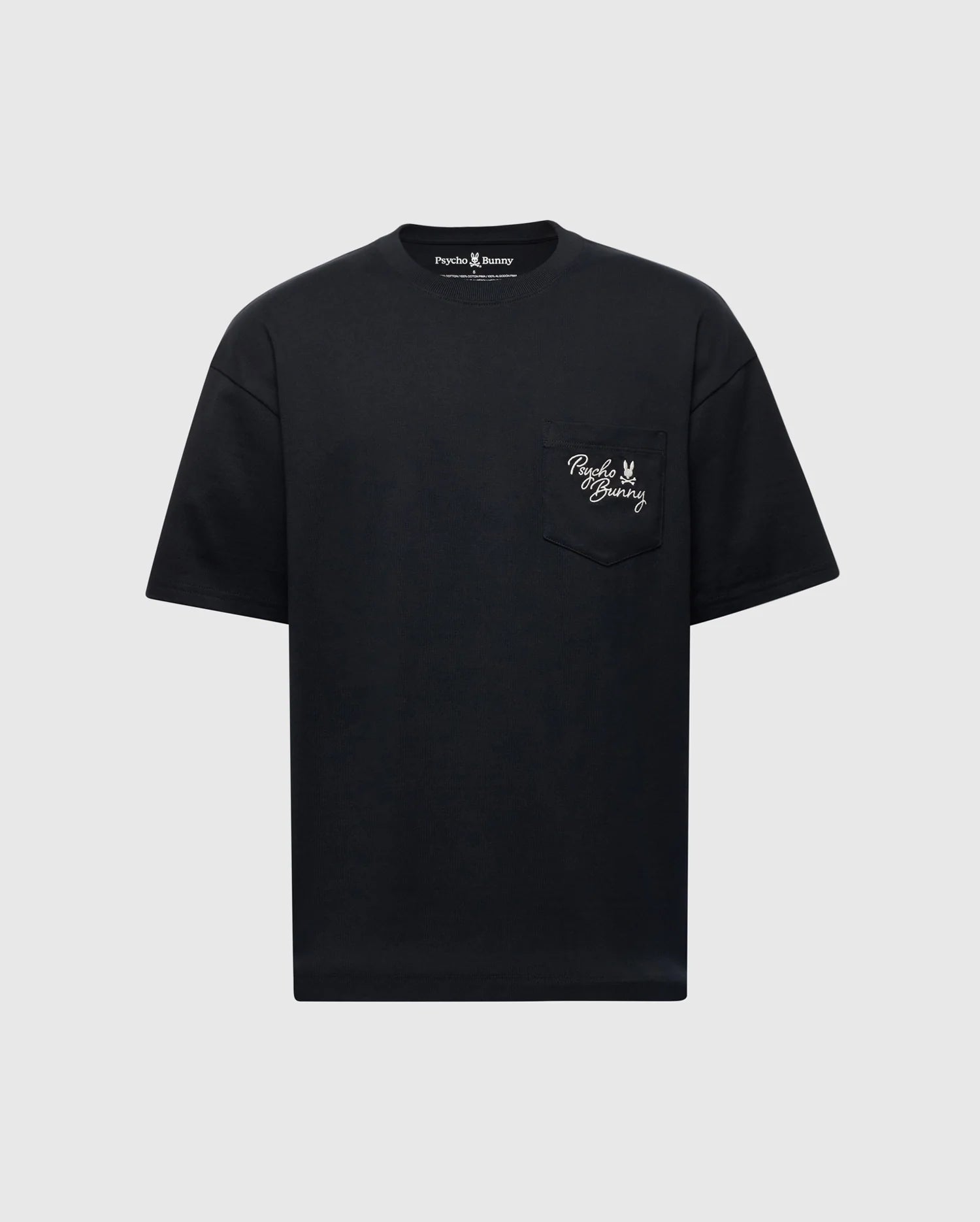 The Psycho Bunny MENS DESERT OVERSIZED POCKET TEE - B6U512F200, is a black T-shirt crafted from heavyweight Jersey and Peruvian Pima cotton. It features a relaxed fit, and includes a small chest pocket with embroidered white text and design.