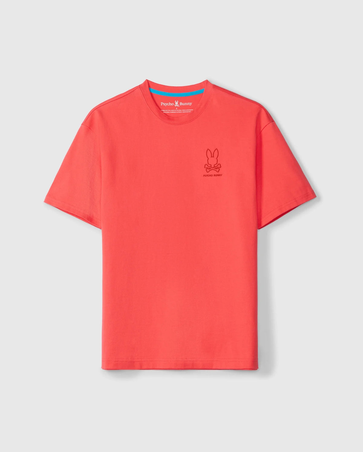 A bright red short-sleeve T-shirt made from heavyweight Pima cotton with a simple crew neck. The shirt features a small black Bunny graphic on the left chest, with text below it. Designed for a relaxed fit, the MENS BARRETT RELAXED FIT TEE - B6U518C200 by Psycho Bunny has a plain white background.