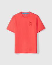 A bright red short-sleeve T-shirt made from heavyweight Pima cotton with a simple crew neck. The shirt features a small black Bunny graphic on the left chest, with text below it. Designed for a relaxed fit, the MENS BARRETT RELAXED FIT TEE - B6U518C200 by Psycho Bunny has a plain white background.