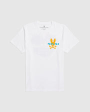 A Psycho Bunny MENS MIAMI TEE - B6U550W1PC made from soft Pima cotton, featuring a playful yellow bunny with sunglasses and the word "Miami" in blue and orange letters. Above the bunny, faint pastel graphics of palm trees and a sun can be seen in the background.