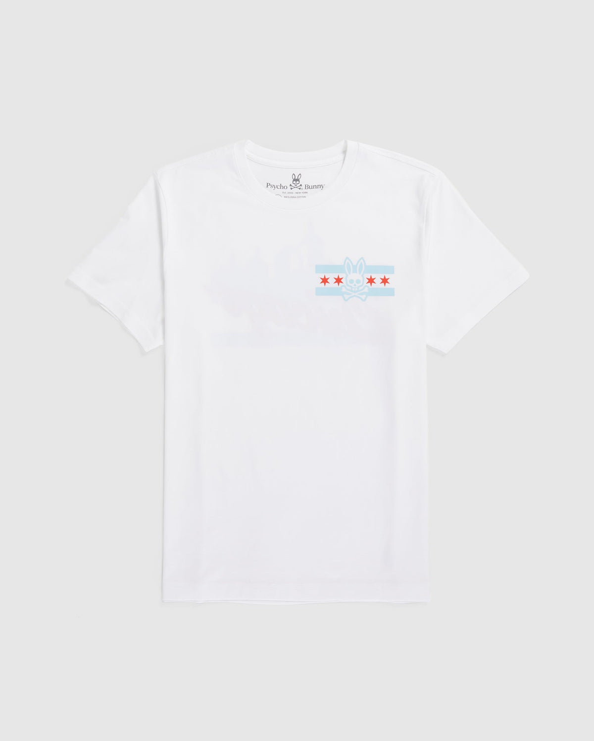 Check out the Psycho Bunny MENS CHICAGO CITY TEE - B6U551W1PC. This white T-shirt is crafted from luxurious Pima cotton jersey and features a subtle bunny logo graphic along with four red stars positioned across a light blue stripe on the chest.