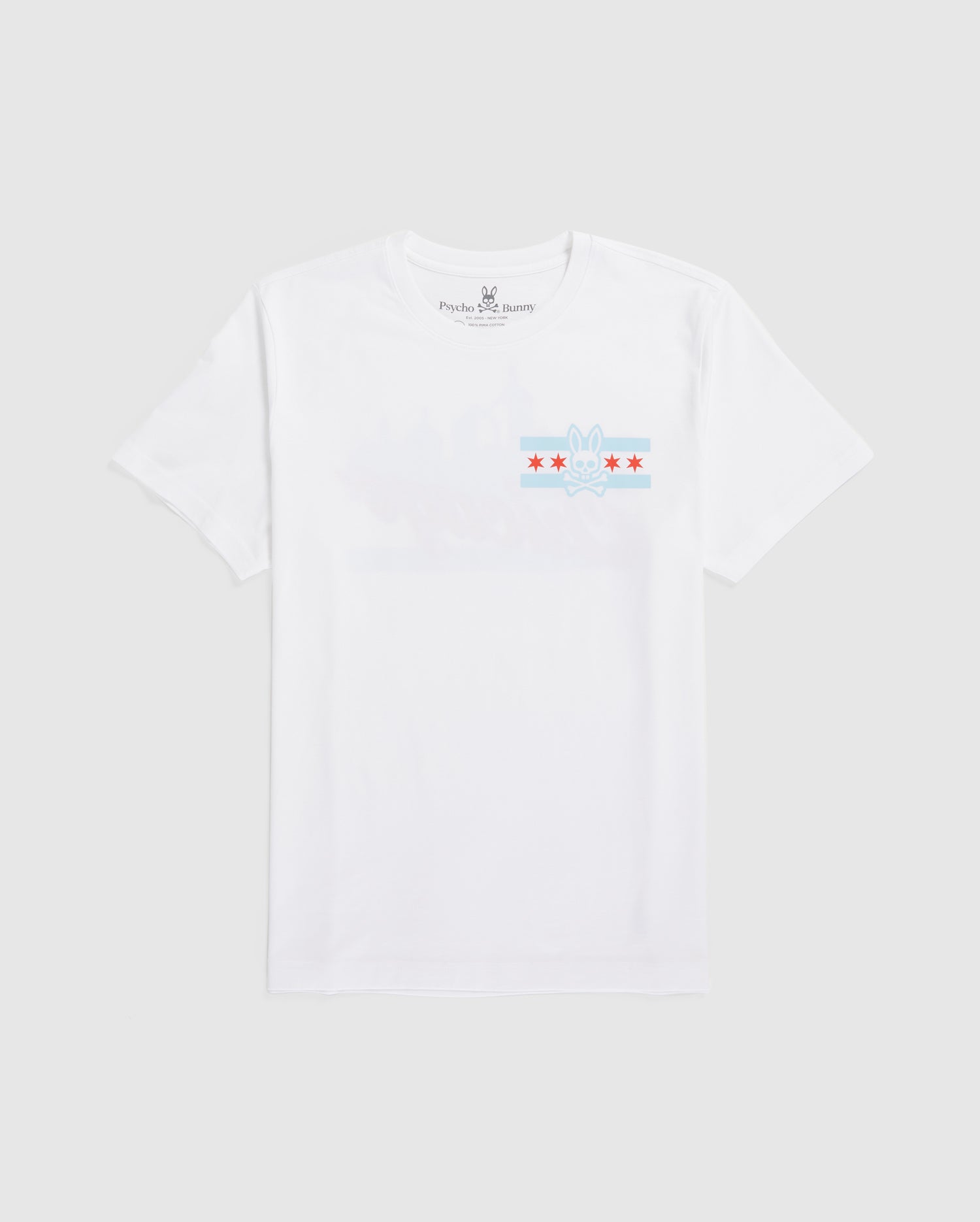 Check out the Psycho Bunny MENS CHICAGO CITY TEE - B6U551W1PC. This white T-shirt is crafted from luxurious Pima cotton jersey and features a subtle bunny logo graphic along with four red stars positioned across a light blue stripe on the chest.