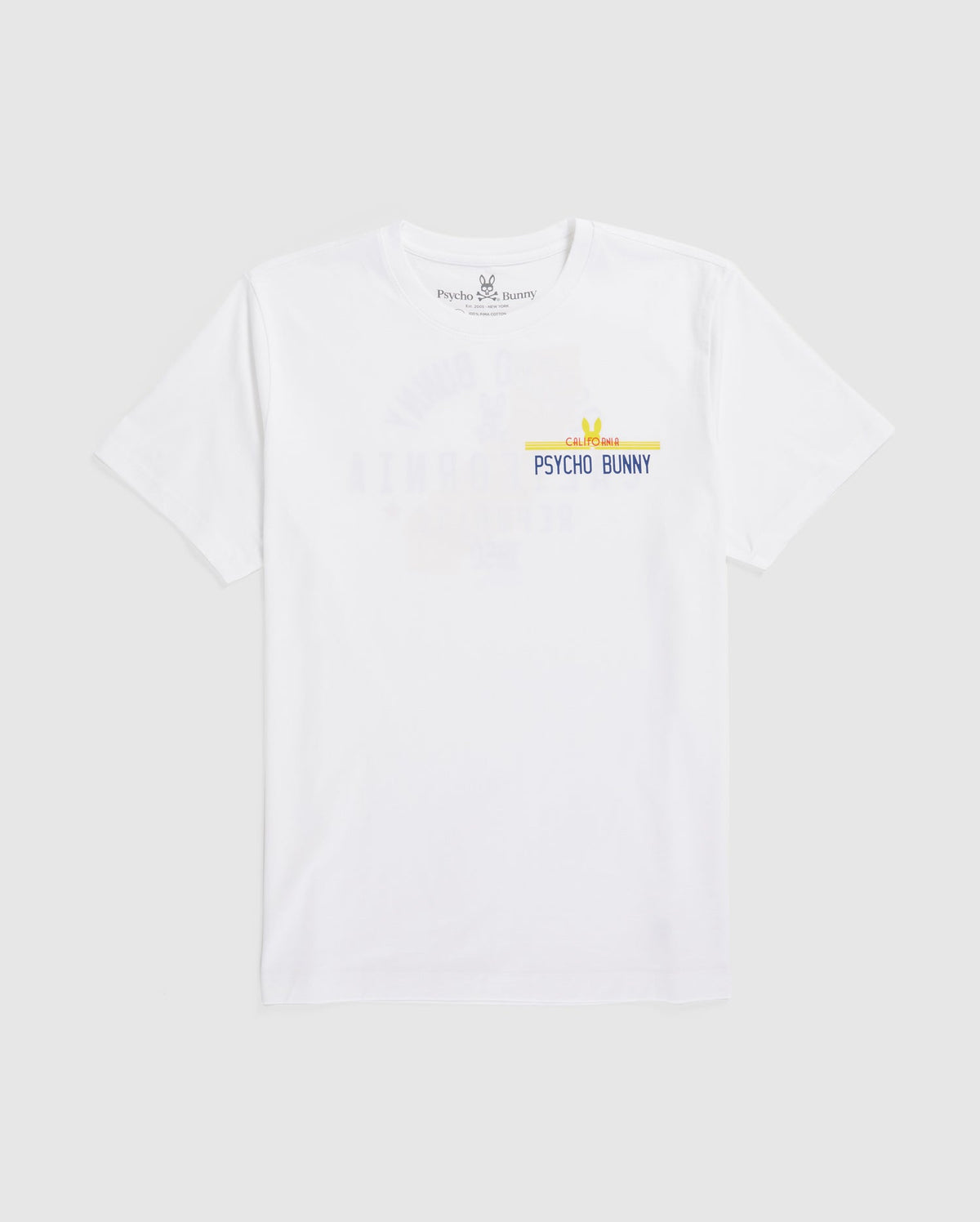 The MENS CALIFORNIA TEE - B6U552W1PC by Psycho Bunny is a white short-sleeved tee featuring a small, colorful graphic on the front left side. The graphic includes the text "PSYCHO BUNNY" in blue, partially overlaid with a yellow and purple design. Made from breathable Pima cotton jersey, the tee also showcases the Psycho Bunny logo on the inside collar.