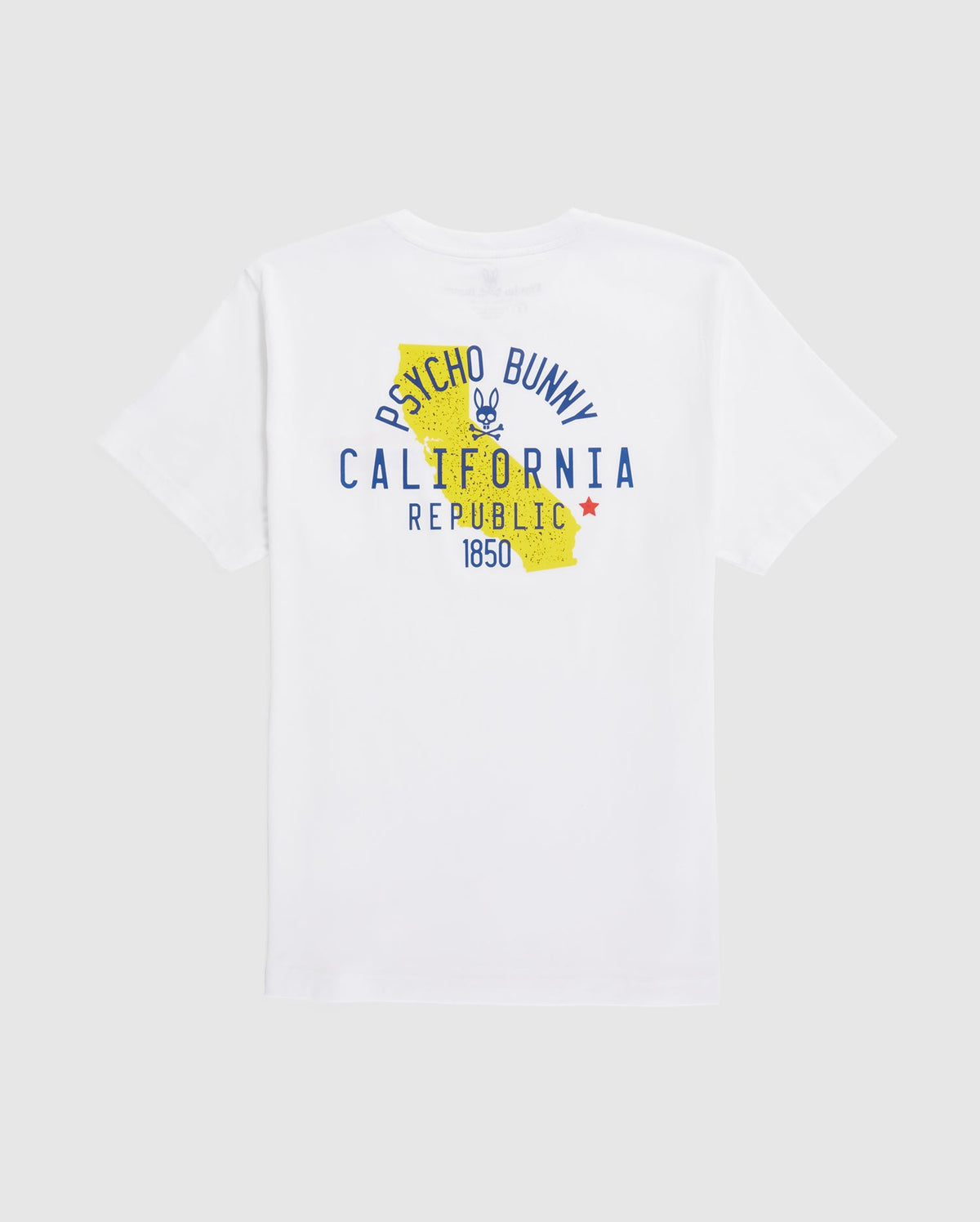Introducing the Psycho Bunny MENS CALIFORNIA TEE - B6U552W1PC, crafted from breathable Pima cotton jersey in white. This tee showcases a graphic on the back that includes a yellow map outline of California, with "Psycho Bunny California Republic 1850" text. A bunny logo is positioned above the word "California," and a red star appears next to "Republic.