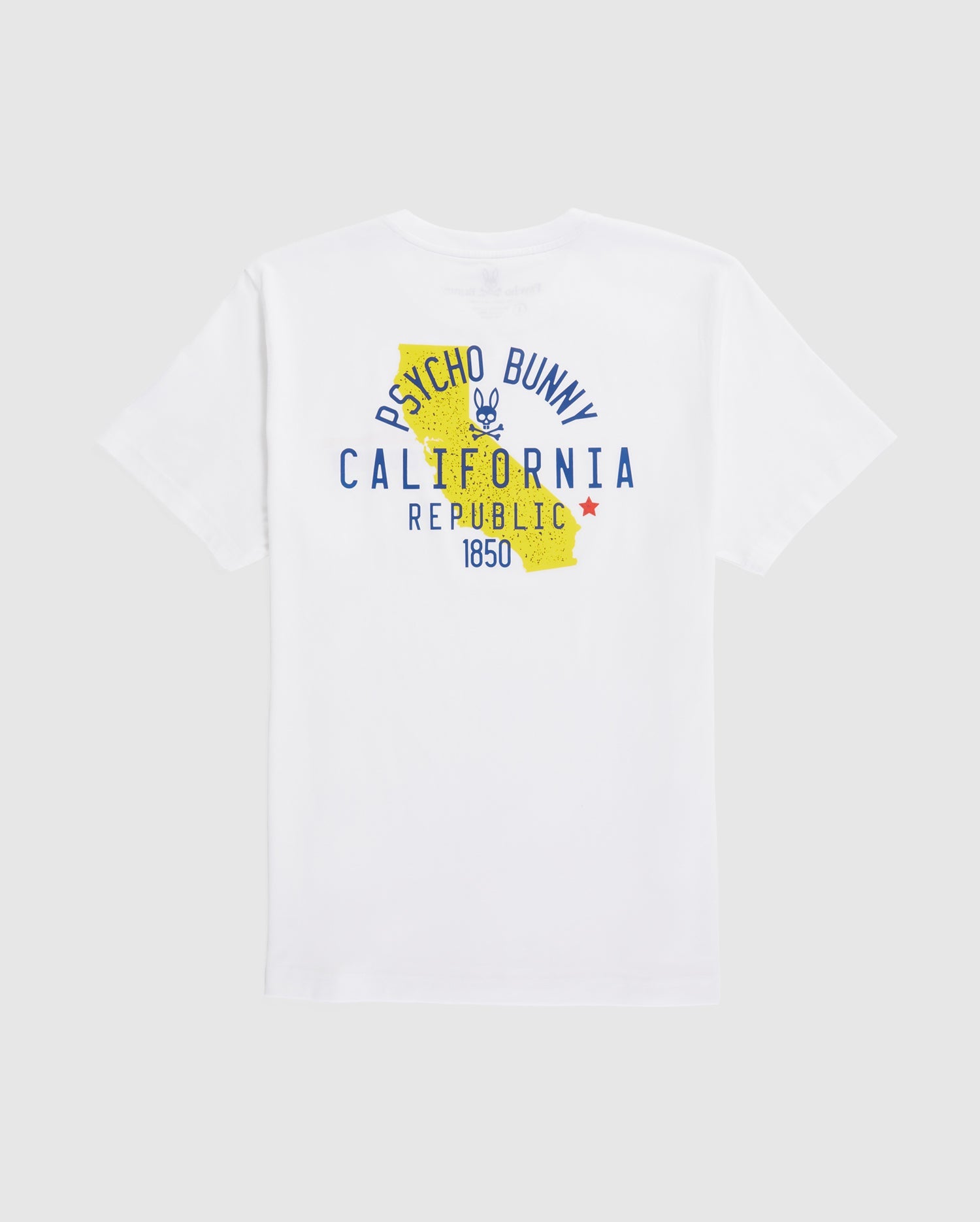 Introducing the Psycho Bunny MENS CALIFORNIA TEE - B6U552W1PC, crafted from breathable Pima cotton jersey in white. This tee showcases a graphic on the back that includes a yellow map outline of California, with "Psycho Bunny California Republic 1850" text. A bunny logo is positioned above the word "California," and a red star appears next to "Republic.