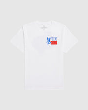 A plain white men's Psycho Bunny Texas tee laid flat, featuring a graphic print with the word "TEXAS" in block letters and a stylized blue and red design underneath, positioned slightly off-center towards the left.