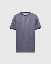 The Psycho Bunny MENS MACKAY JACQUARD FASHION TEE (B6U576F200) is a plain blue Pima cotton T-shirt with a small black rabbit logo on the left chest, featuring black trim on the collar and sleeves, set against a light gray background for a timeless look.
