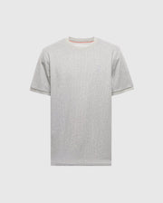 The MENS MACKAY JACQUARD FASHION TEE by Psycho Bunny is a gray Pima cotton T-shirt with short sleeves and an embroidered chest Bunny on the left, set against a plain white background.