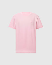 The Psycho Bunny Men's Taylor Piqué Tee, model B6U579F200, is a light pink, short-sleeved shirt made from lightweight piqué fabric. It features an embroidered chest Bunny on the left side and maintains a classic crew neck design for everyday comfort set against a plain gray backdrop.