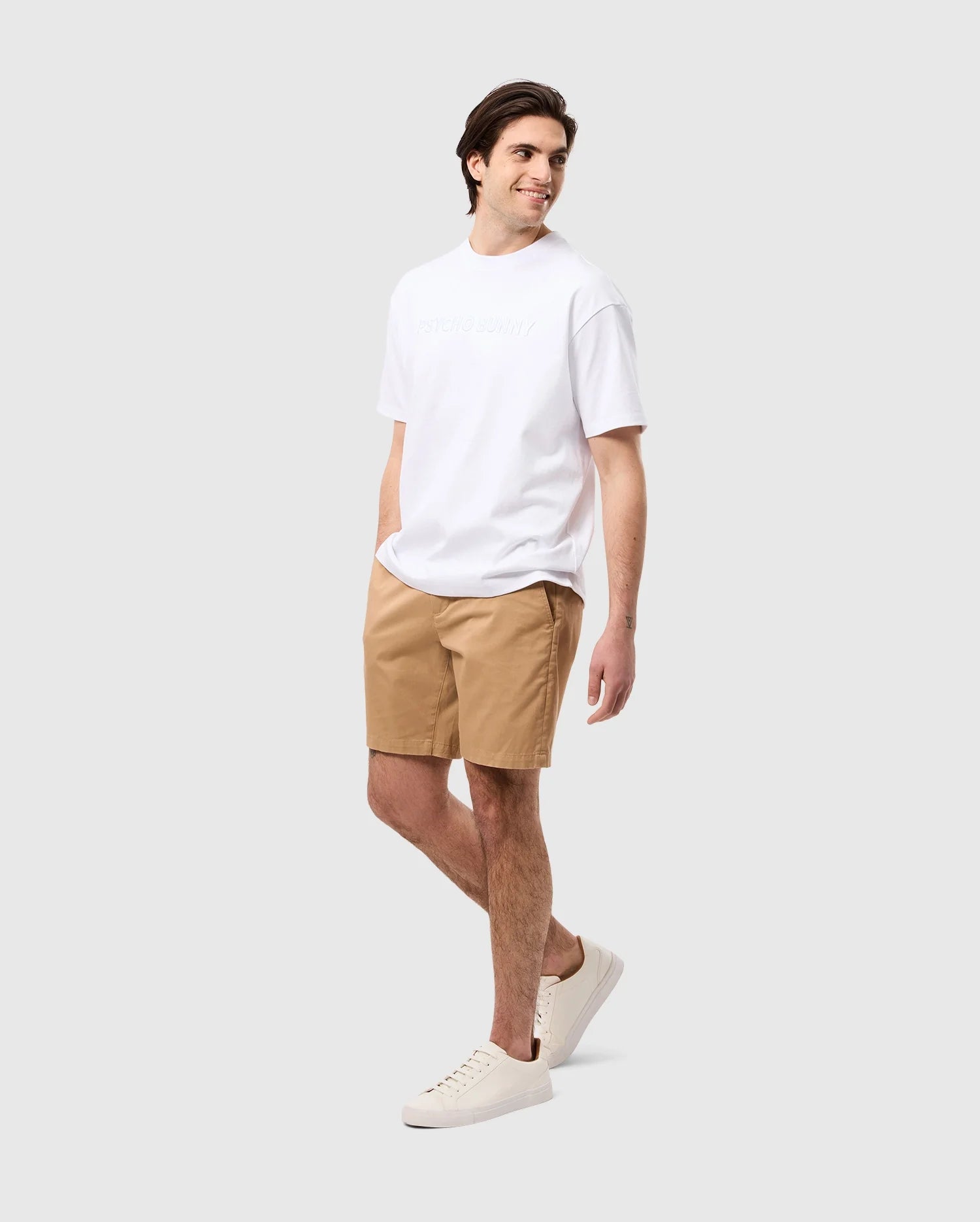 head to toe view of model wearing pima cotton windcrest heavy weight tee in white