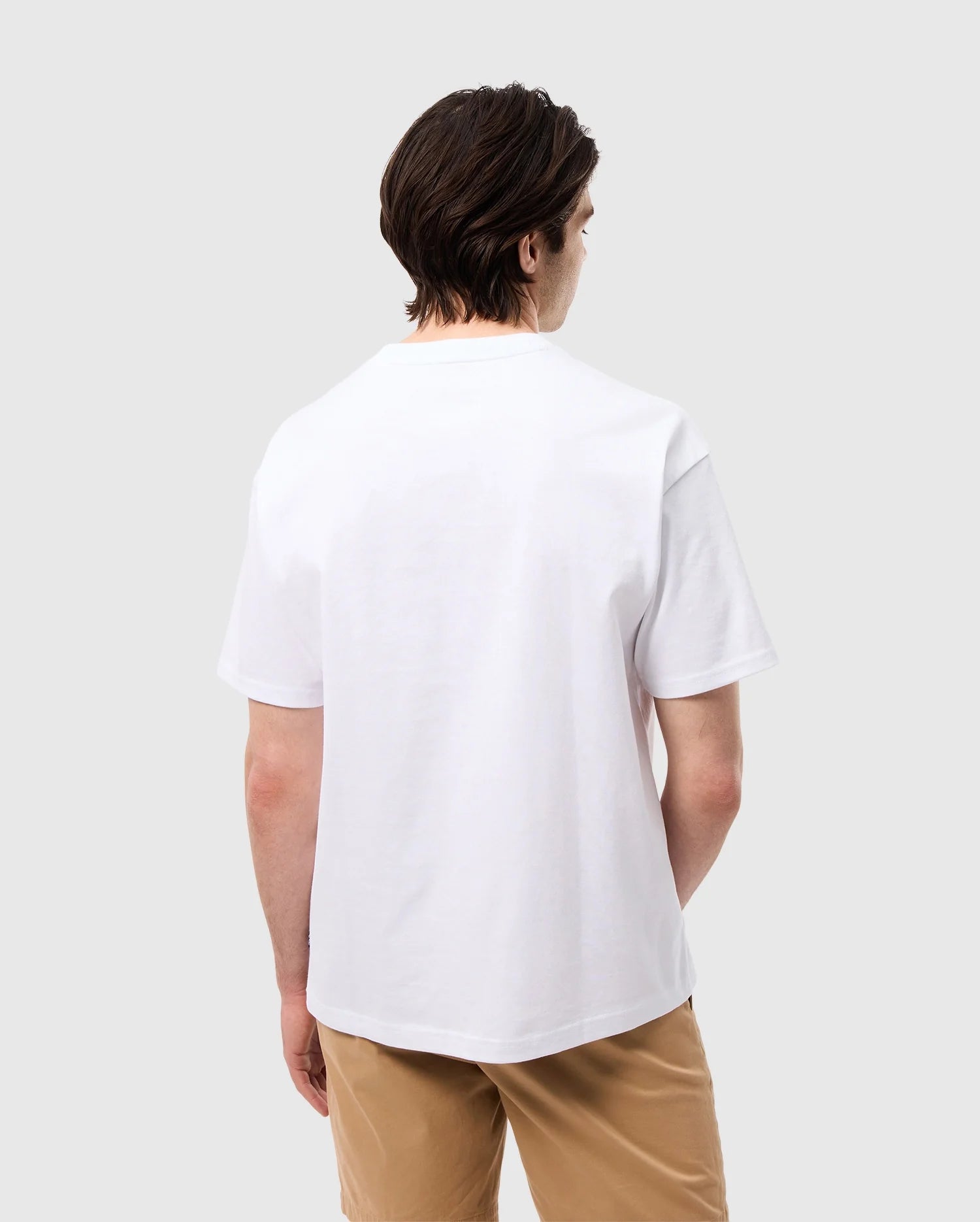 back view of model wearing the pima cotton windcrest heavy weight tee in white