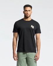 A man stands against a plain white background, wearing the Psycho Bunny Men's Elliot Front Back Graphic Tee (B6U605F200), featuring a subtle white water-based print on the upper left side, paired with light green pants.