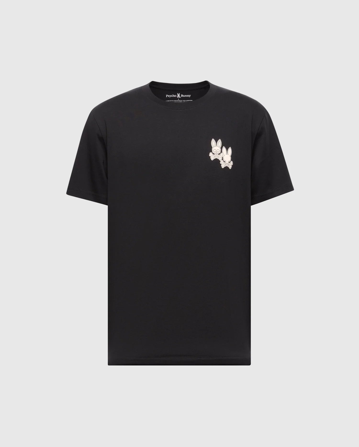 Psycho Bunny's MENS ELLIOT FRONT BACK GRAPHIC TEE in black showcases pima cotton with a white embroidered cartoon character on the left chest.