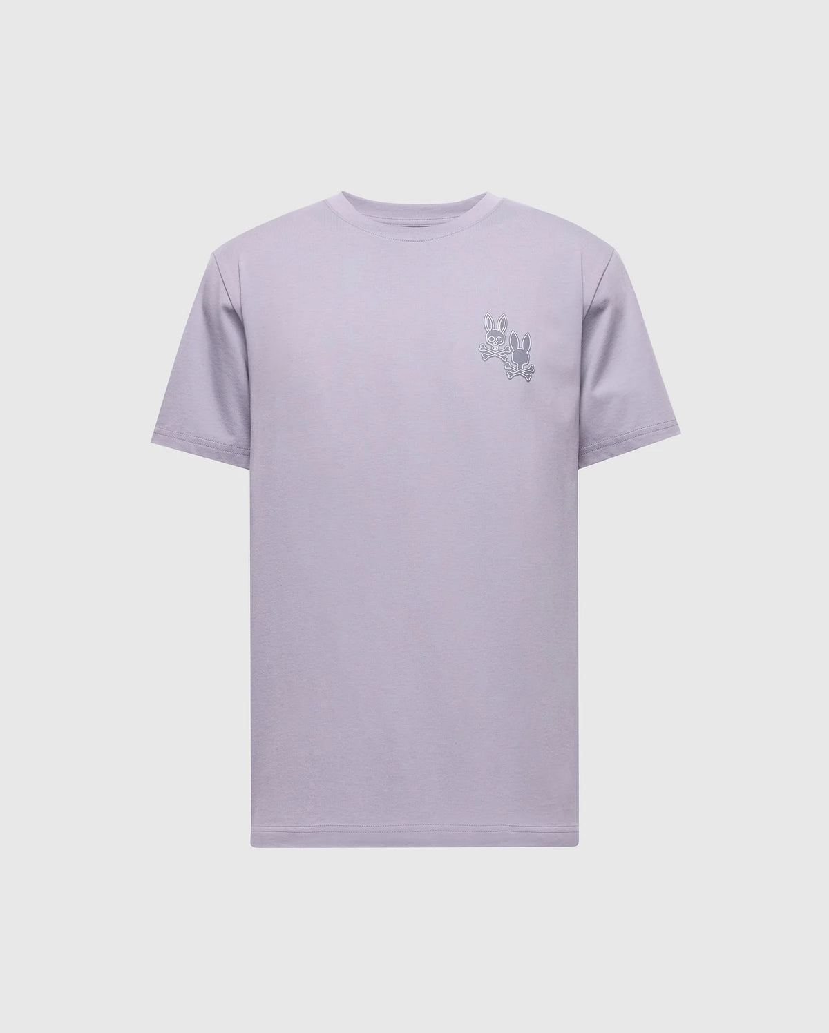The Psycho Bunny MENS ELLIOT FRONT BACK GRAPHIC TEE - B6U605F200 is a regular fit light purple t-shirt made of soft Pima cotton. It features a small embroidery of two abstract open hands on the left chest and is displayed flat on a white background.