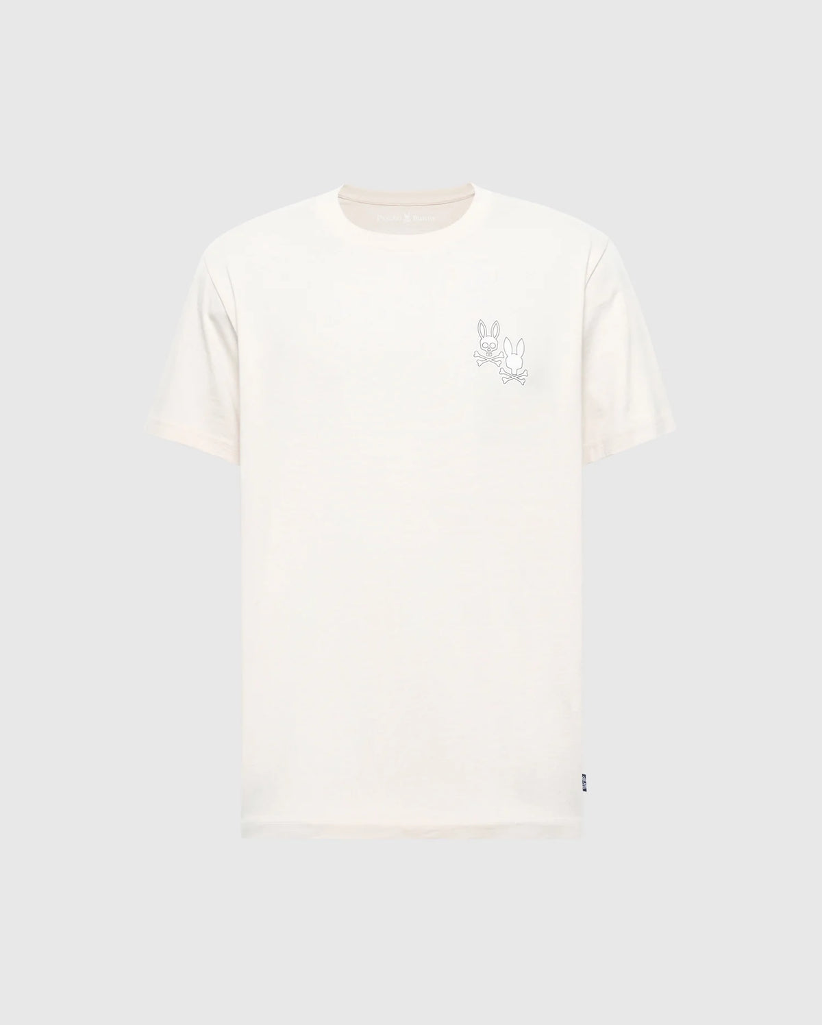 The MENS ELLIOT FRONT BACK GRAPHIC TEE - B6U605F200 by Psycho Bunny is a regular fit white T-shirt showcasing a minimal black line drawing of two bunnies on the upper left chest, set against a gray background. Made from soft Pima cotton, it offers both comfort and subtle graphic style.