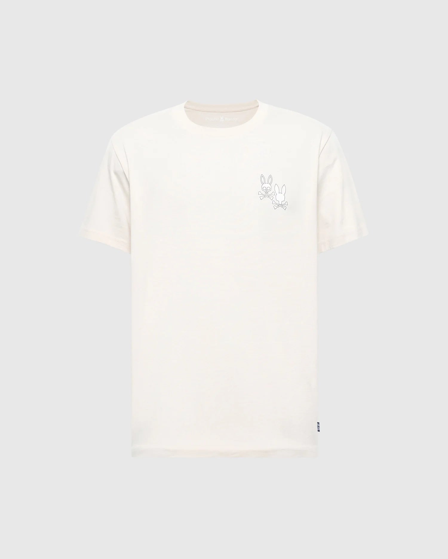 The MENS ELLIOT FRONT BACK GRAPHIC TEE - B6U605F200 by Psycho Bunny is a regular fit white T-shirt showcasing a minimal black line drawing of two bunnies on the upper left chest, set against a gray background. Made from soft Pima cotton, it offers both comfort and subtle graphic style.