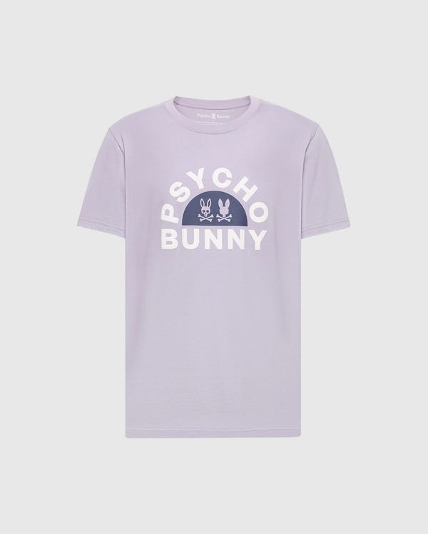 The MENS GOLDIE GRAPHIC TEE - B6U606F200 by Psycho Bunny is a lilac tee made from Peruvian Pima cotton, featuring "PSYCHO BUNNY" in bold white letters above a graphic with two stylized bunnies on a white dome.
