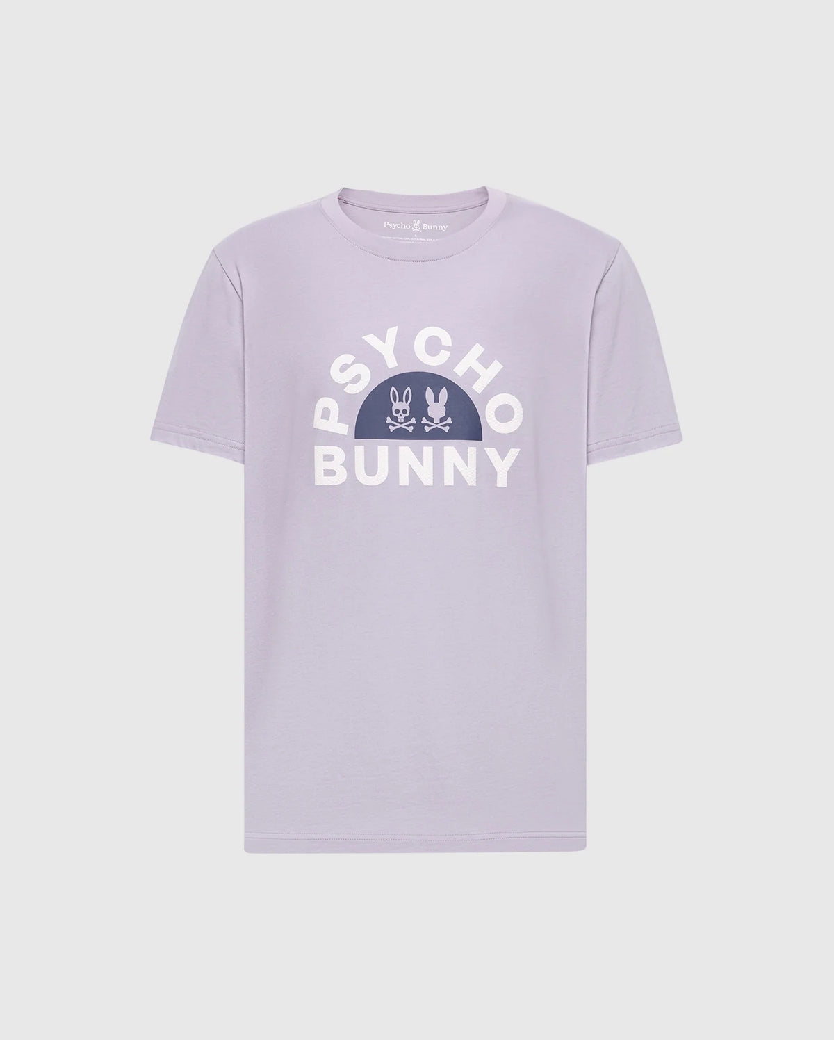 The MENS GOLDIE GRAPHIC TEE - B6U606F200 by Psycho Bunny is a lilac tee made from Peruvian Pima cotton, featuring "PSYCHO BUNNY" in bold white letters above a graphic with two stylized bunnies on a white dome.