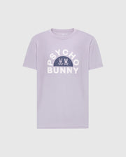 The MENS GOLDIE GRAPHIC TEE - B6U606F200 by Psycho Bunny is a lilac tee made from Peruvian Pima cotton, featuring "PSYCHO BUNNY" in bold white letters above a graphic with two stylized bunnies on a white dome.
