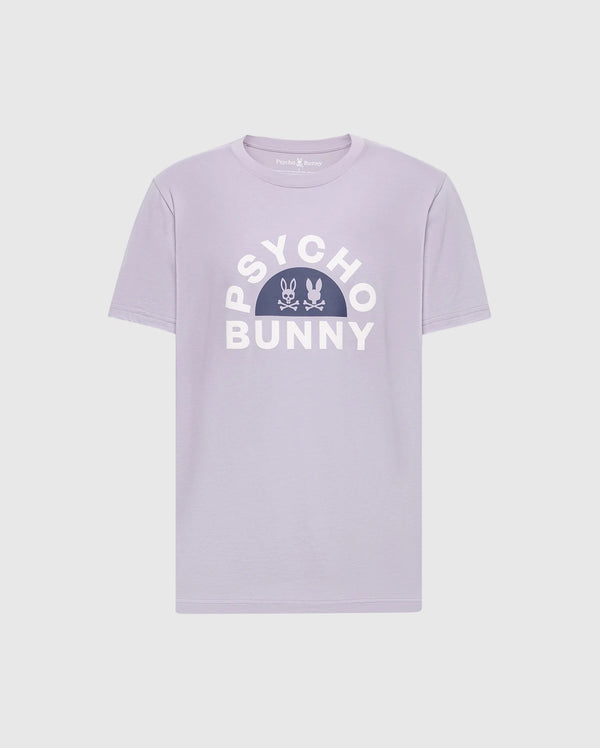 The MENS GOLDIE GRAPHIC TEE - B6U606F200 by Psycho Bunny is a lilac tee made from Peruvian Pima cotton, featuring "PSYCHO BUNNY" in bold white letters above a graphic with two stylized bunnies on a white dome.