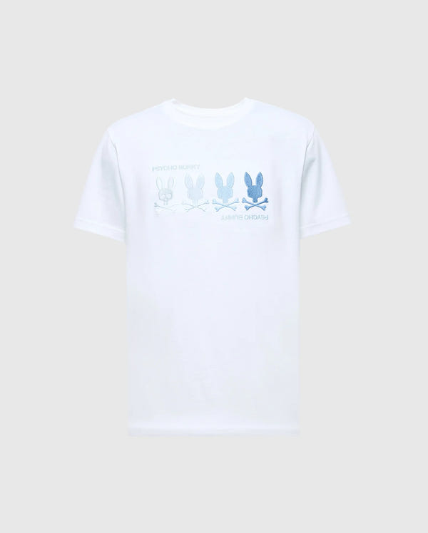 The MENS OCEANIA EMBROIDERED GRAPHIC TEE by Psycho Bunny features retro vibes with a gradient of embroidered bunny illustrations in blue shades and "PSYCHO BUNNY" printed twice across the chest.