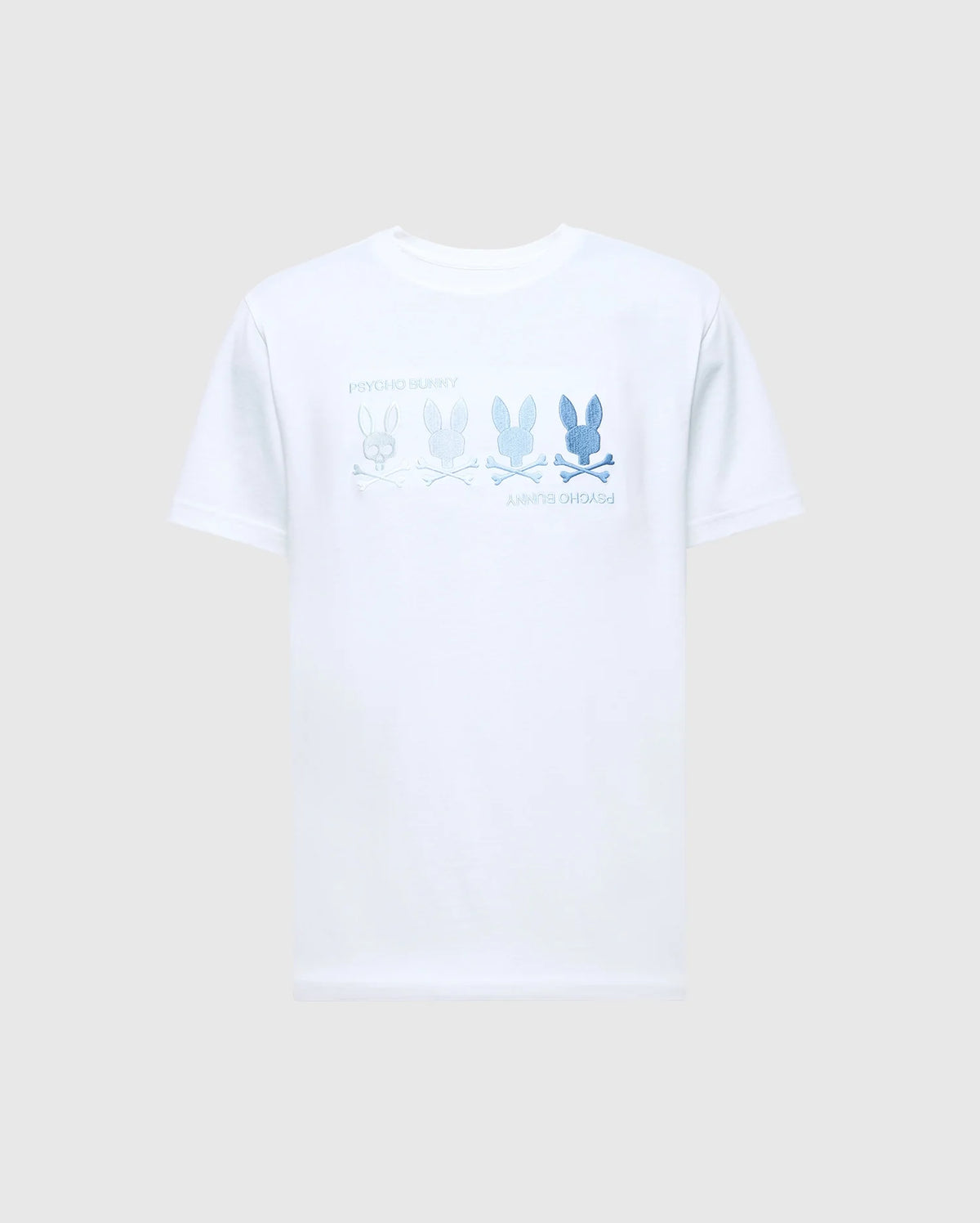 The MENS OCEANIA EMBROIDERED GRAPHIC TEE by Psycho Bunny features retro vibes with a gradient of embroidered bunny illustrations in blue shades and "PSYCHO BUNNY" printed twice across the chest.