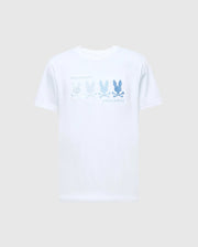 The MENS OCEANIA EMBROIDERED GRAPHIC TEE by Psycho Bunny features retro vibes with a gradient of embroidered bunny illustrations in blue shades and "PSYCHO BUNNY" printed twice across the chest.
