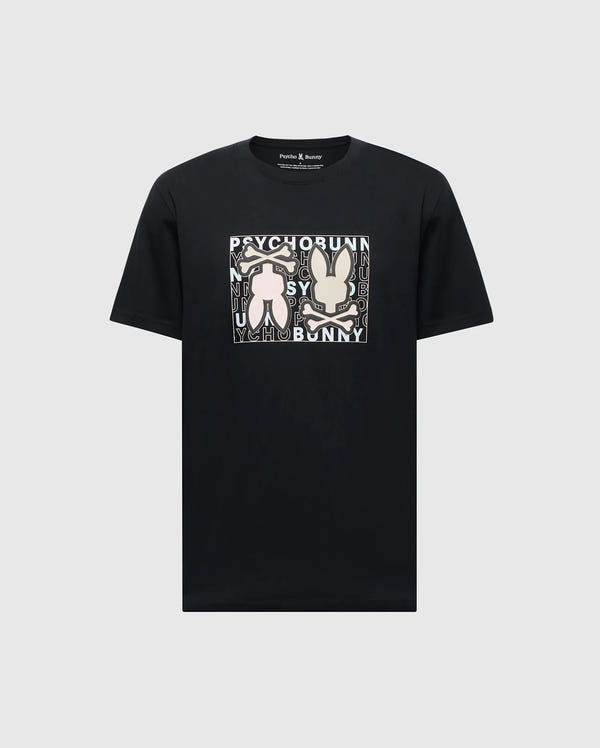 The Psycho Bunny Men's Gold Coast Graphic Tee - B6U631F200 is a black Pima cotton T-shirt, offering premium craftsmanship and a classic fit. It features a square graphic with two rabbit silhouettes on a gray background, surrounded by the repeated words "Psycho Bunny.