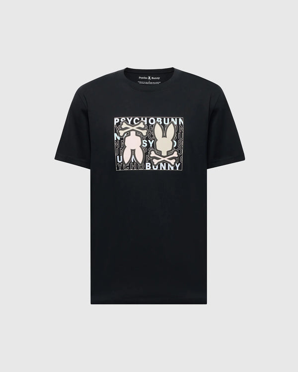 The Psycho Bunny Men's Gold Coast Graphic Tee - B6U631F200 is a black Pima cotton T-shirt, offering premium craftsmanship and a classic fit. It features a square graphic with two rabbit silhouettes on a gray background, surrounded by the repeated words "Psycho Bunny.