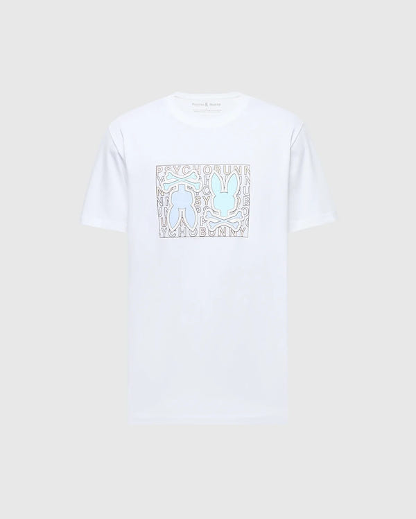 The MENS GOLD COAST GRAPHIC TEE - B6U631F200 by Psycho Bunny is a white t-shirt made from Pima cotton, featuring a graphic design of abstract blue rabbit silhouettes on a background with letters and shapes, offering premium craftsmanship and a classic fit.