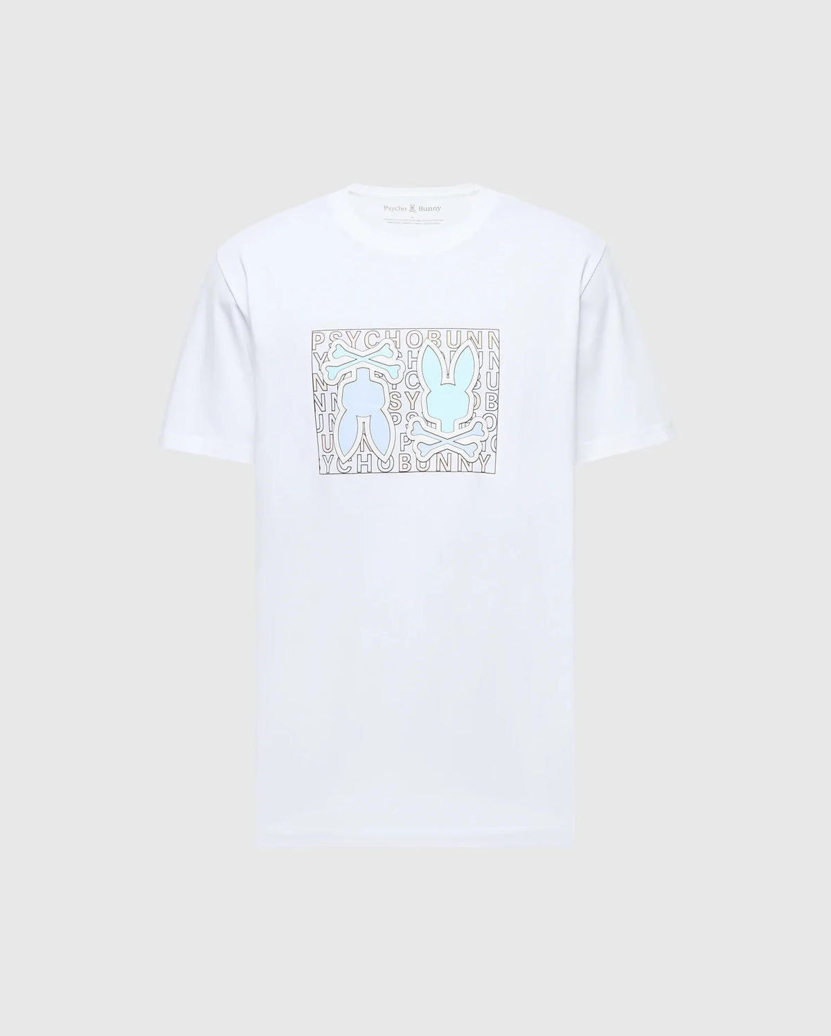 The MENS GOLD COAST GRAPHIC TEE - B6U631F200 by Psycho Bunny is a white t-shirt made from Pima cotton, featuring a graphic design of abstract blue rabbit silhouettes on a background with letters and shapes, offering premium craftsmanship and a classic fit.